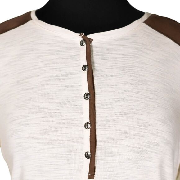 Ralph Lauren Womens Blouse Beige Brown Faux Leather Button 3/4 Sleeve Knit Top L - Picture 4 of 8